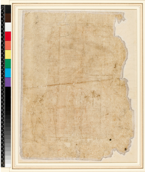 Study of a man with a tortoise[?] on a lead/ part of a palm tree/ a caricature head (verso), 15th century (pen & brown ink on paper, stuck down) [see 5938226]