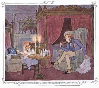 Every evening the king sat looking at her with a cross look, from The Magic Fishbone pub.by Warne & Co, c.1940 (colour litho)