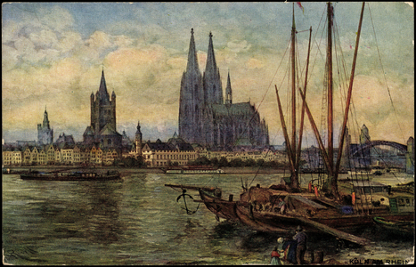 Artist Rüdell, K., Cologne Rhine, view to the cathedral, boats