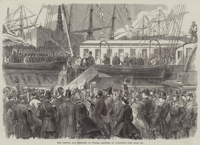 The Prince and Princess of Wales landing at Elsinore (engraving)