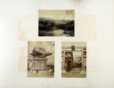 A: View of Sake Biva, B: Bell tower at Nikko, C: Entrance to Village, 19th century (b/w photo)