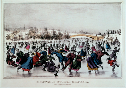 Skating in Central Park, New York (coloured print)