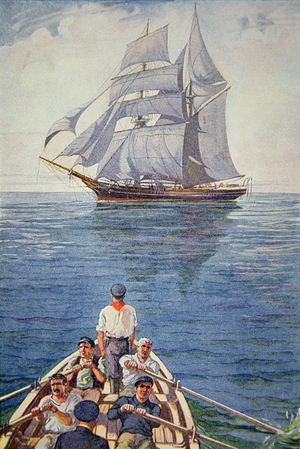 'The captain ordered away a boat to board the Mary Celeste' (colour litho)