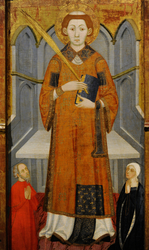 Altarpiece of Saint Stephen, c.1385, by Jaume Serra (active in Barcelona 1358-1389/1395), Detail of central panel depicting Saint Stephen with two donors
