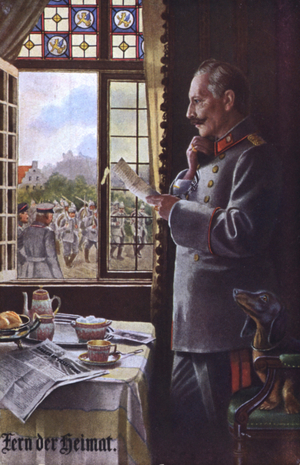 Far from home: Kaiser Wilhelm II watching German soldiers through a window (colour litho)