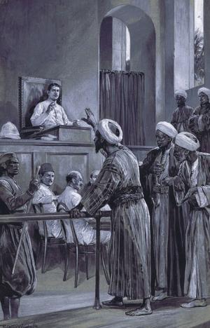 Sir William Lloyd Matthews dispensing justice at Zanzibar 1882 (gouache on paper)
