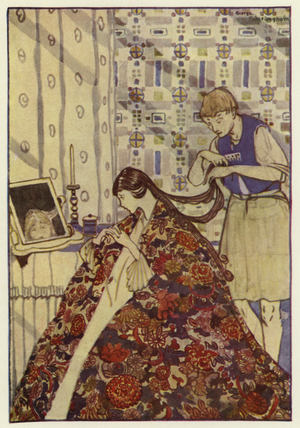 Then he dressed his sister in good clothes, and washed and combed her hair (colour litho)