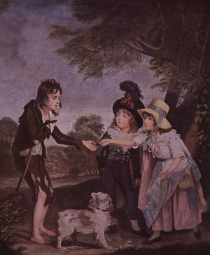 Poor boy begging from rich children (colour litho)