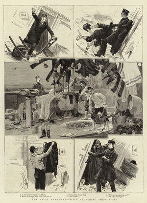 The Naval Manoeuvres, H M S "Lurcher" ships a Sea (engraving)