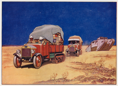 Motor lorries, fitted with caterpillar attachment in place of rear wheels, crossing a desert (colour litho)