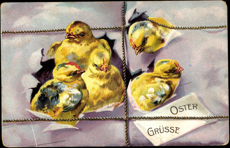 Embossing Litho Happy Easter, chicks hatch from package