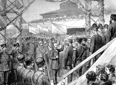 The last homage to Prince Alexander of Bulgaria before his resignation by Stambulov and the deputations of the Bulgarian cities in Rustschuk 1886