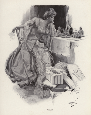 Young woman deciding between two suitors (litho)
