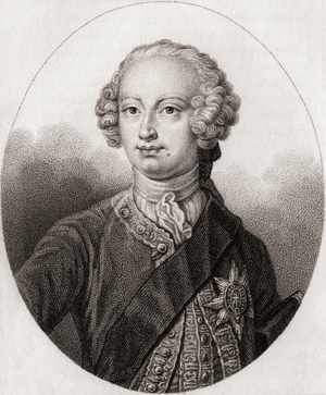 Frederick Louis, Prince of Wales, 1707 to 1751.   Eldest son of George II.   Engraved by Gerimia  from the book A Catalogue of the Royal and Noble Authors published 1806