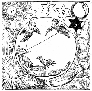 Figure incarcerated in tomb (circle) with soul and spirit leaving (two boy-headed birds) and absorbing the black crow. In body are salt, sulphur & mercury. From Stolcius Viridarium Chymicum, 1624. Woodcut.