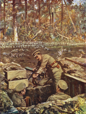 Lieutenant John Henry Stephen Dimmer repairing a machine gun while exposed to the fire of the Prussian Guard, Klein Zillebeke, Belgium, 9 November 1914 (colour litho)