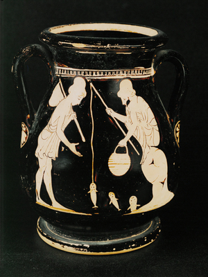 A couple fishing with net and fishing rod (terracotta)