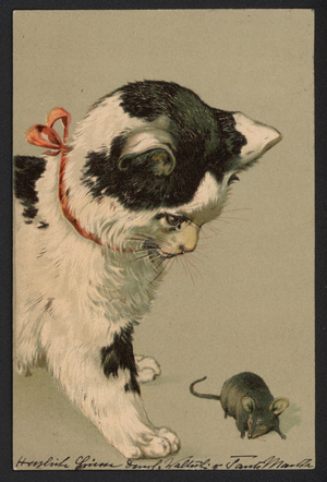 Cat playing with a mouse (colour litho)