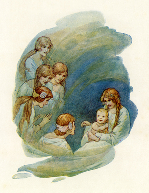 Tiny Lancelot waking up and smiling (colour litho)