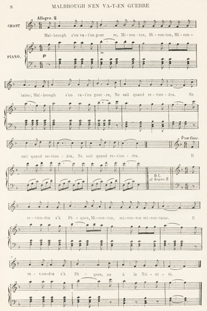from the song “Malbrough Goes to War”., 1880 (engraving)