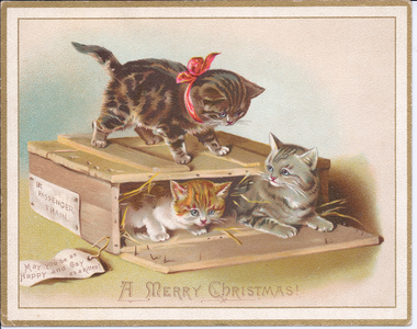 A Victorian Christmas card of kittens playing in a wooden box, c.1880 (colour litho)