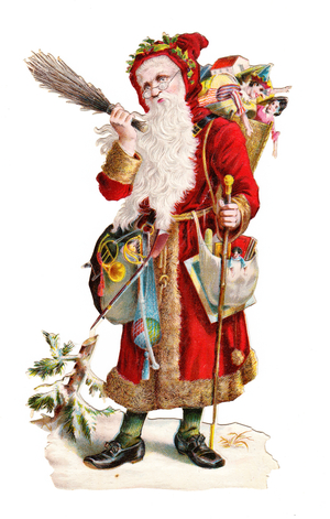 A Victorian Paper Scrap Relief of Father Christmas with a basket of toys on has back holding a rod, c.1880 (colour litho)