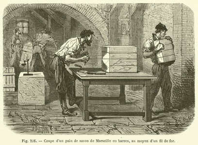 Coupe d'un pain de savon de Marseille en barres, au moyen d'un fil de fer (engraving)