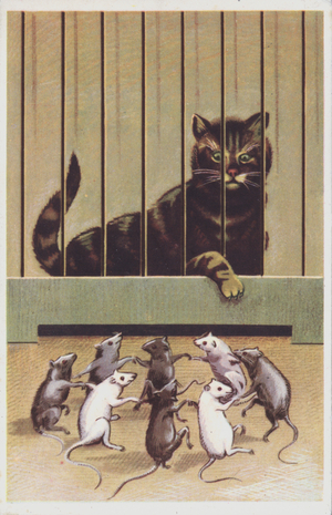 A cat looks on grumpily from behind bars as a group of mice dance just out of reach. (colour litho)