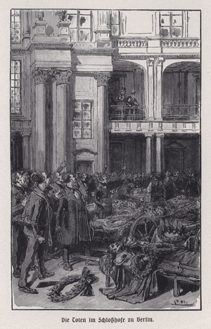 Dead bodies in the courtyard of Berlin Palace, Germany, Revolution of 1848 (engraving)