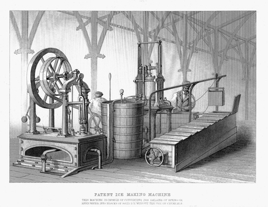Refrigeration using Ether: Siebe & Harrison's ice making machine, using compression of air followed by its sudden expansion to freeze water. Shown at International Exhibition, London, 1862. Copperplate engraving