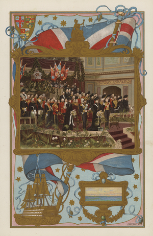 The Duke of Cornwall and York opening the Commonwealth Parliament at Melbourne, Australia, 9 May 1901 (colour litho)