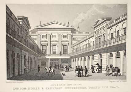 S.E. View of the London Horse and Carriage Repository, Gray's Inn Road, from 'London and it's Environs in the Nineteenth Century' pub. Jones & Co., 1827-1829 (engraving)