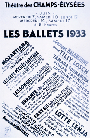 Les Ballets 1933 poster, advertising performances at Théâtre des Champs-Elysées, Paris, France.