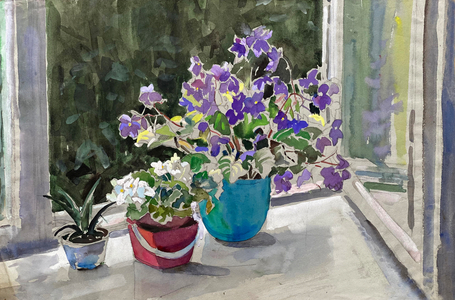 Flowers and Cactus by the Window, 1977 (watercolour on paper)