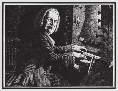 Johann Sebastian Bach playing the organ (litho)