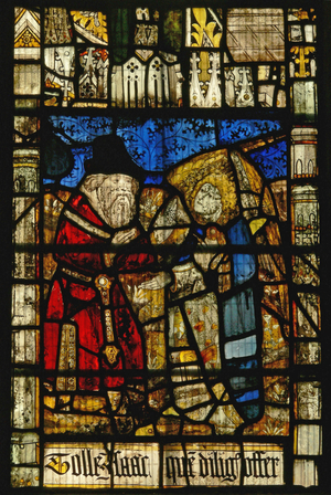 Window S3 depicting God telling Abraham - via an angel - to sacrifice Isaac (stained glass)
