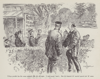 Two men watching the Salvation Army pass through the village (litho)