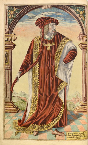 Emperor Maximillian I, from 
Honor Military, and Civill, William Segar, pub. Robert Barker, London, 1602 (hand coloured engraving)