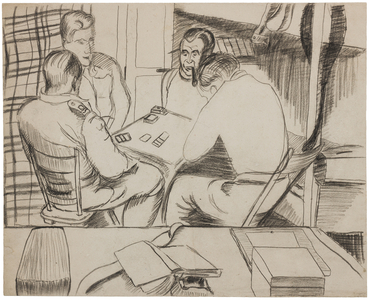 'Skipper' Greengrass, 'Johnny' Sutton, 'Jack' Grant and Unknown playing Bridge, Marlag O, Westertimke, Lower Saxony, 1944 (pencil on paper)