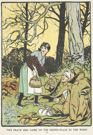 'This brave girl came to the hiding-place in the wood'. Colour illustration showing a young Belgian girl bringing food to wounded British soldiers hiding in the woods.