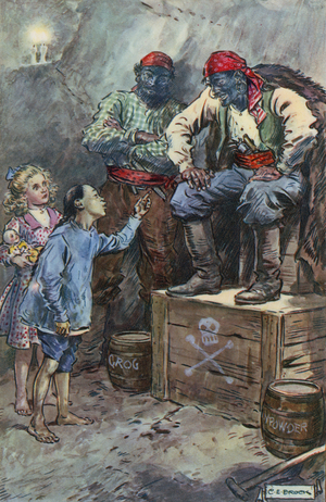 Illustration for Queen of the Pirate Isle by Bret Harte (colour litho)