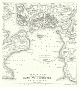 Plymouth Sound, with the adjoining towns of Plymouth, Devonport, and Stonehouse (engraving)