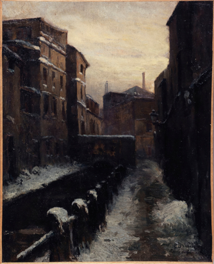 View of the Bièvre, ruelle des Gobelins (snow effect), ca. 1900 (oil)