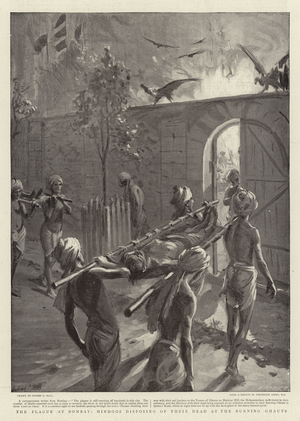 The Plague at Bombay, Hindoos disposing of their dead at the Burning Ghauts (litho)