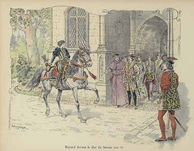 The young Chevalier de Bayard meeting the Duke of Savoy (colour litho)