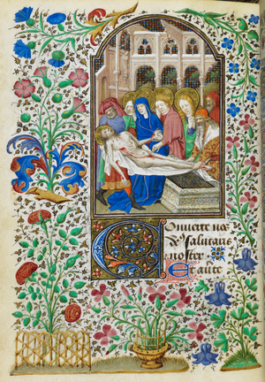 Miniature of the entombment of Christ, with Joseph, Nicodemus, the Virgin and two Maries, John the Evangelist, and another man standing near the tomb, with a full foliate border, at the beginning of Compline of the Passion