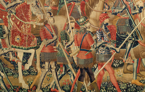 Parish museum of tapestries (Museo Parroquial de Tapices de Pastrana). Flemish tapestry. Conquest of Tanger (Toma de Tánger, De inname van Tanger). Series Conquests of king Alfonso I of Portugal (Conquistas de Alfonso V de Portugal). Tournai. Wool and silk. 1472-1480. 368x1108cm. Detail.