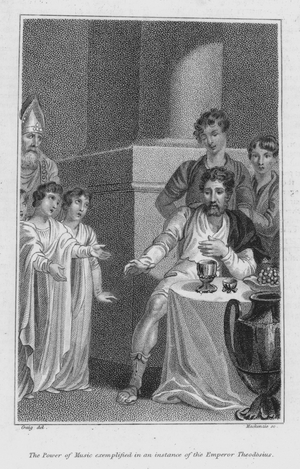 The Roman Emperor Theodosius affected by hearing music (engraving)