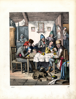 Card-playing company in a rural cottage room (hand-coloured engraving)
