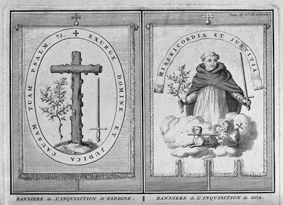 Portugal / India: 'The Banner of the Spanish Inquisition' (left) and 'The Banner of the Inquisition in Goa', engraving, Bernard Picart (1673 - 1733), 1722